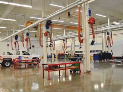 Interior of steel building truck service shop