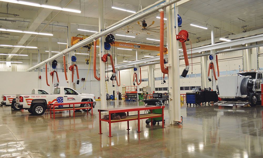 Interior of steel building truck service shop