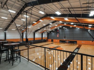 Steel building athletic facility mezzanine